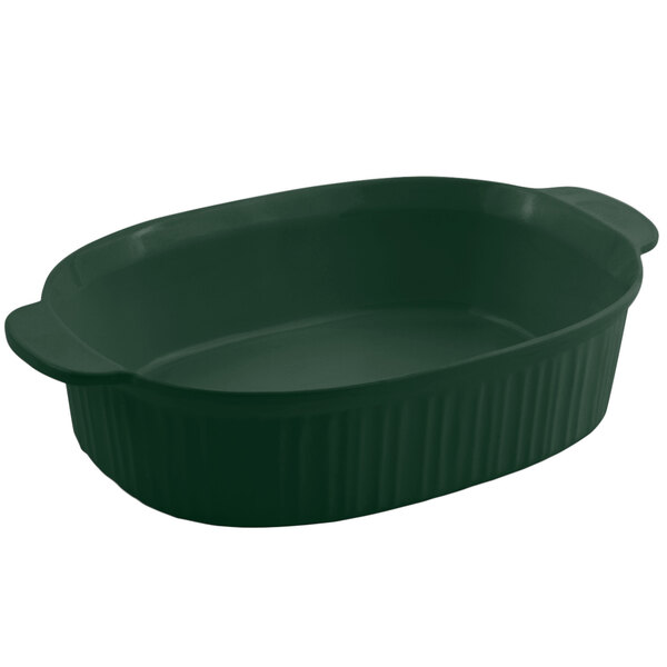 A Hunter Green Bon Chef oval casserole dish with a lid.