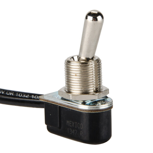A close-up of a black Nemco toggle switch with a silver metal nut.