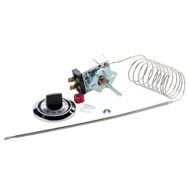 A close up of a Nemco thermostat with a spring and screws.