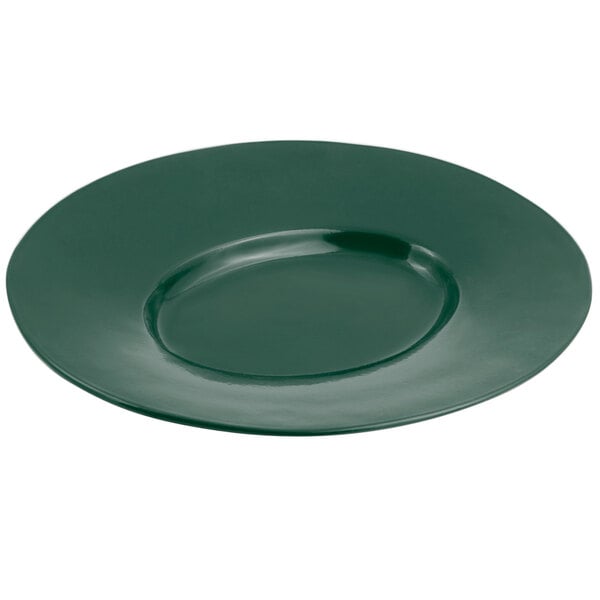 A Bon Chef hunter green cast aluminum platter with a wide rim.