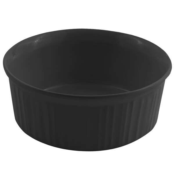 A black Bon Chef casserole dish with a lid on a white surface.