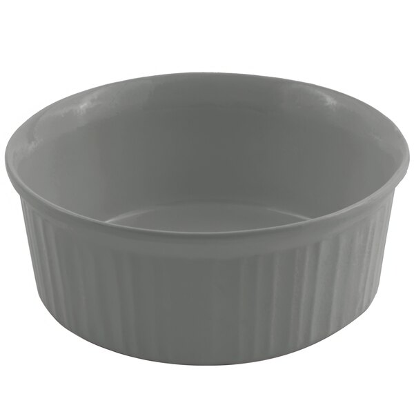 A Bon Chef platinum gray cast aluminum casserole dish with a ribbed rim.