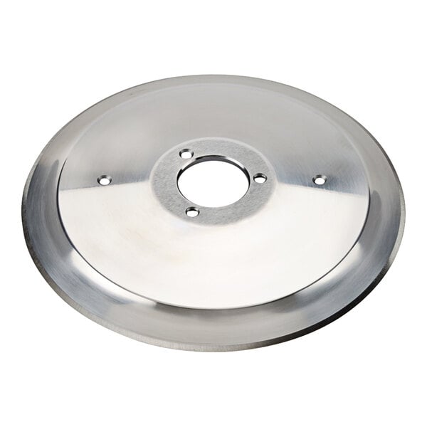 A stainless steel circular blade with a hole in the center.