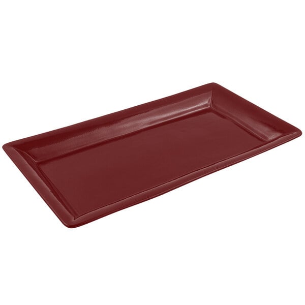 A red rectangular Bon Chef display pan with a sandstone finish.