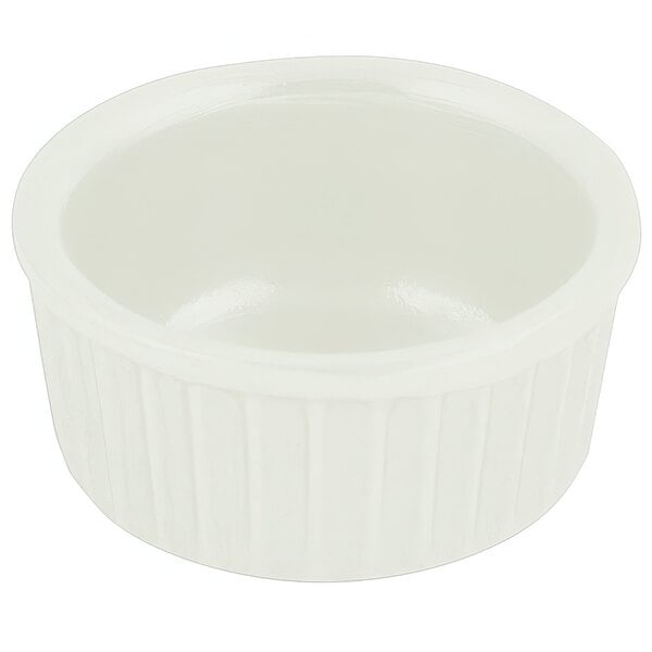 A white Bon Chef fluted ramekin with a curved edge.