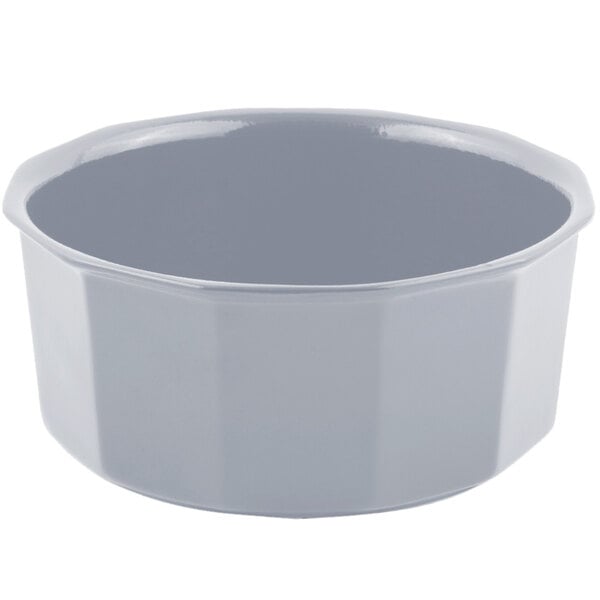 A gray Bon Chef pewter-glo flat bottom bowl with a white background.