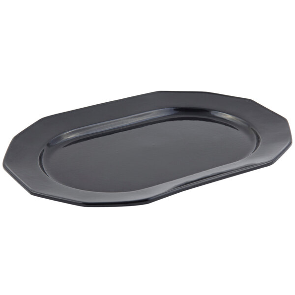 A black rectangular Bon Chef long prism tray with a thin edge.