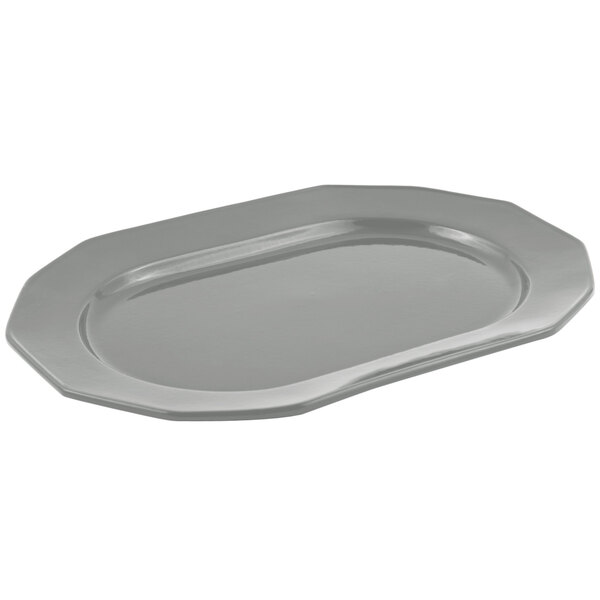 A Bon Chef platinum gray rectangular cast aluminum long prism tray.