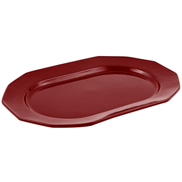 A Bon Chef terra cotta cast aluminum long prism tray with a sandstone finish.
