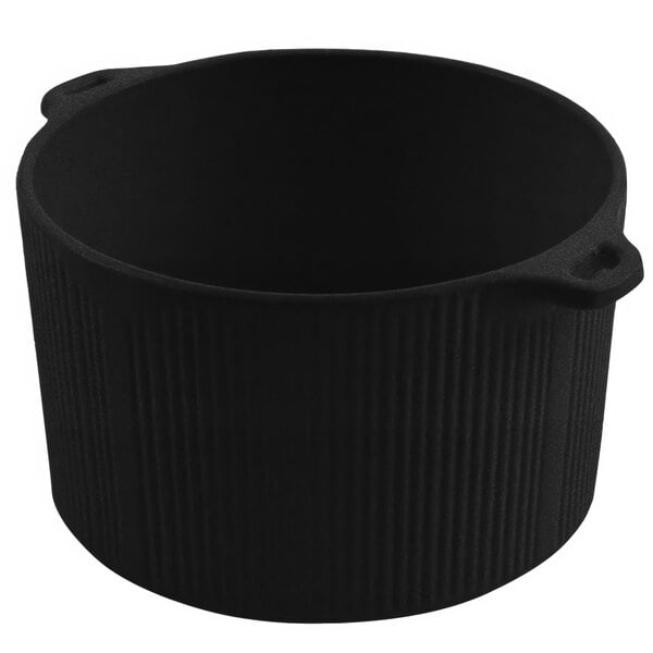 A black Bon Chef pot with two handles.
