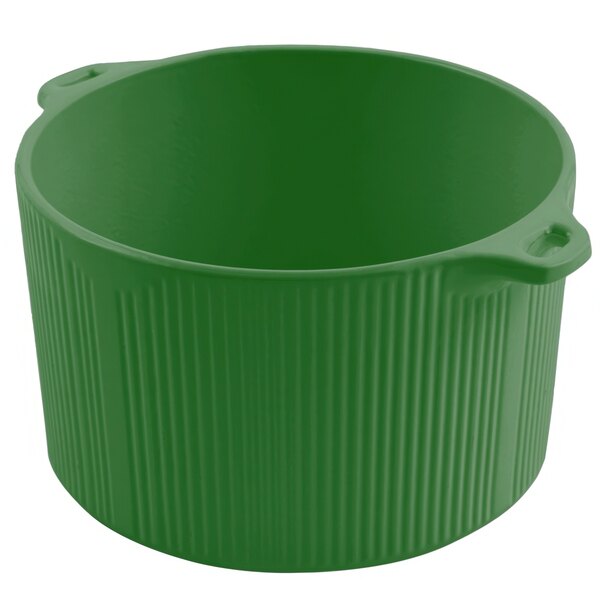 A green pot with a white handle.