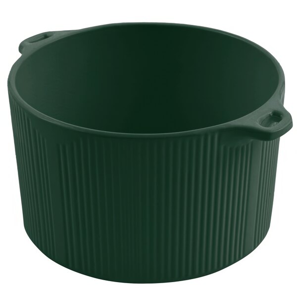 A hunter green cast aluminum pot with bail handle.