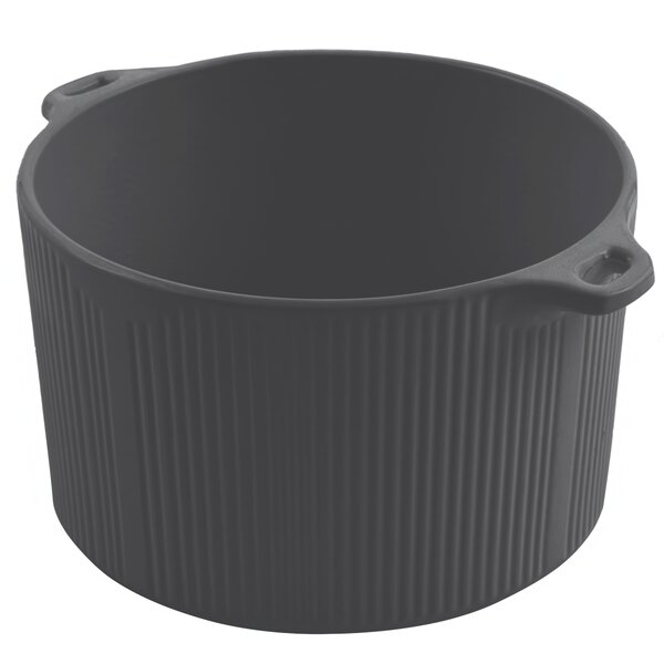 A smoke gray Bon Chef cast aluminum pot with bail handle.