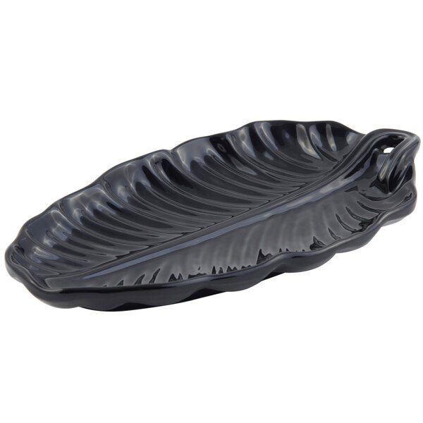 A black Bon Chef leaf platter with a sandstone finish.