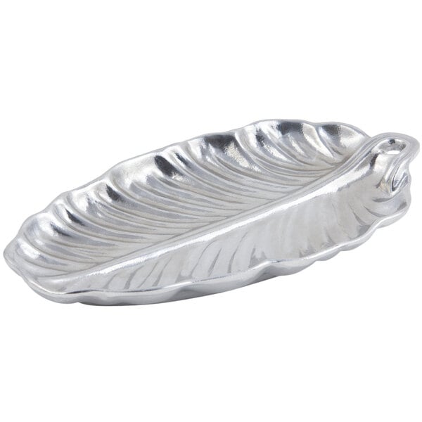 A Bon Chef pewter-glo cast aluminum leaf platter with a handle.
