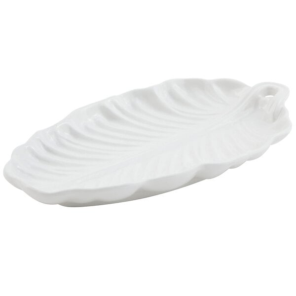 A white Bon Chef cast aluminum platter with a leaf pattern.