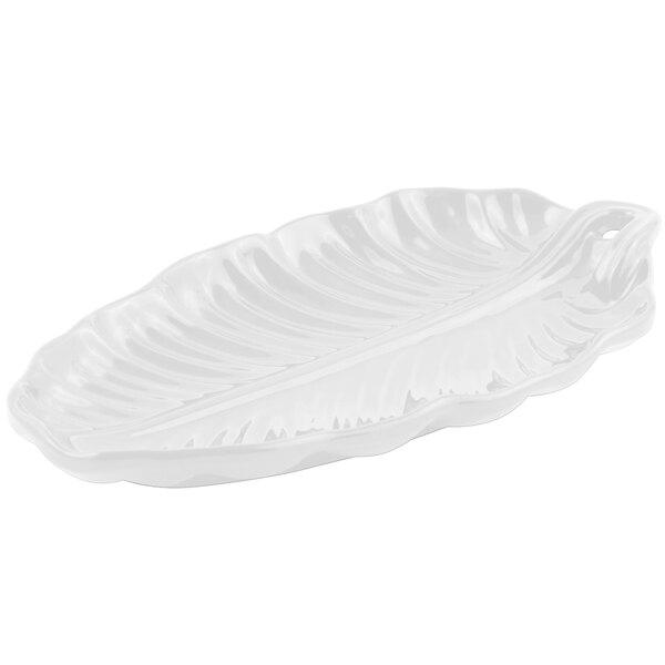 A white Bon Chef cast aluminum platter with a leaf pattern.