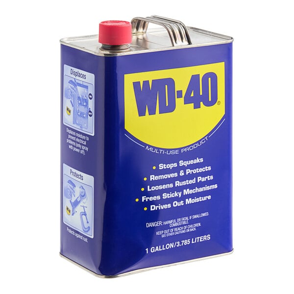 A 1-gallon metal container of WD-40 heavy duty lubricant.