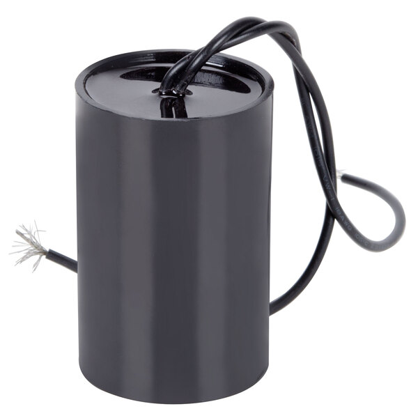 An Avantco replacement capacitor for a meat slicer with wires attached.