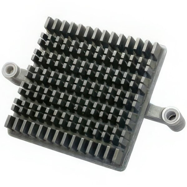 A black metal Nemco push plate with many small holes and metal rods.