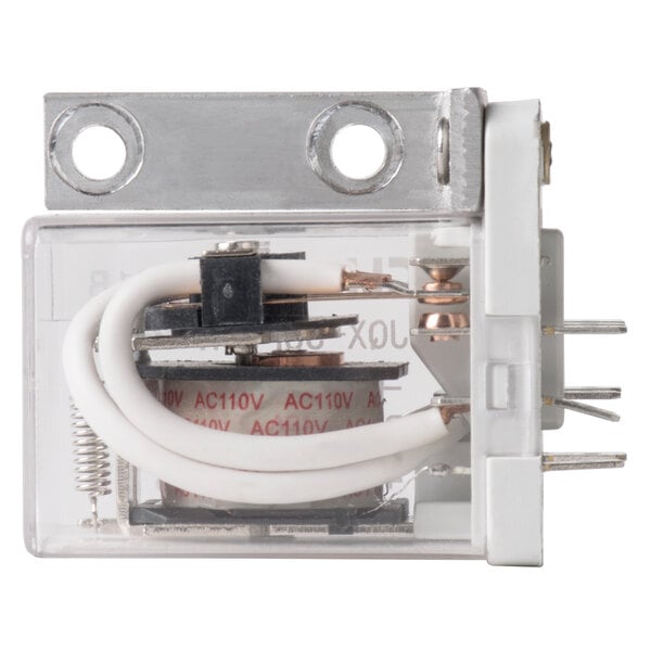 An Avantco replacement relay with a white wire attached.