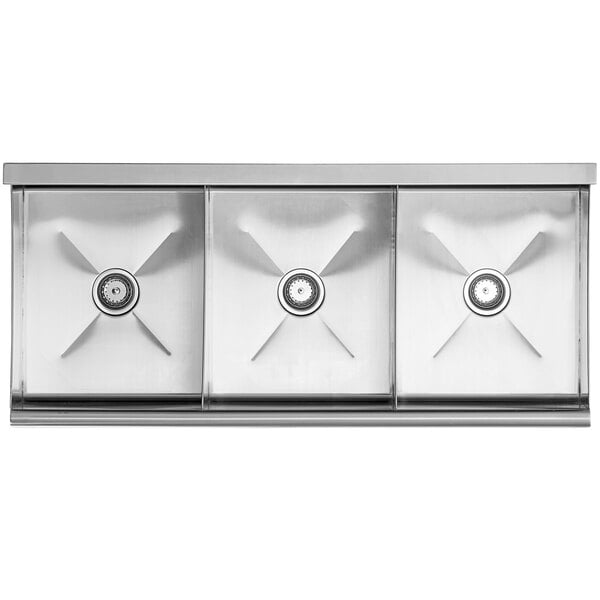 A Steelton stainless steel utility sink with three bowls.