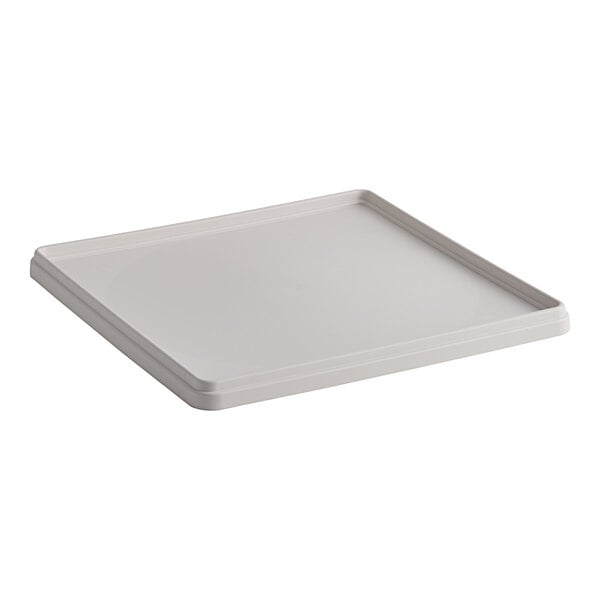 A light gray square plastic Cambro Camrack cover on a white square tray.
