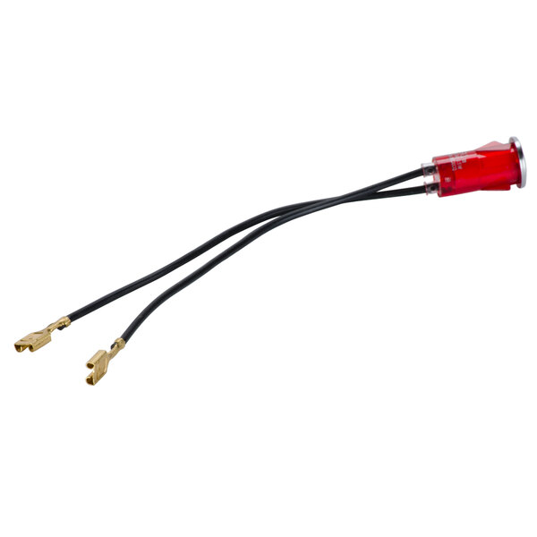 A black cable with red and black wires with gold connectors.