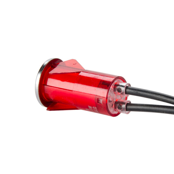 A close-up of a red pilot light with a black cable attached.
