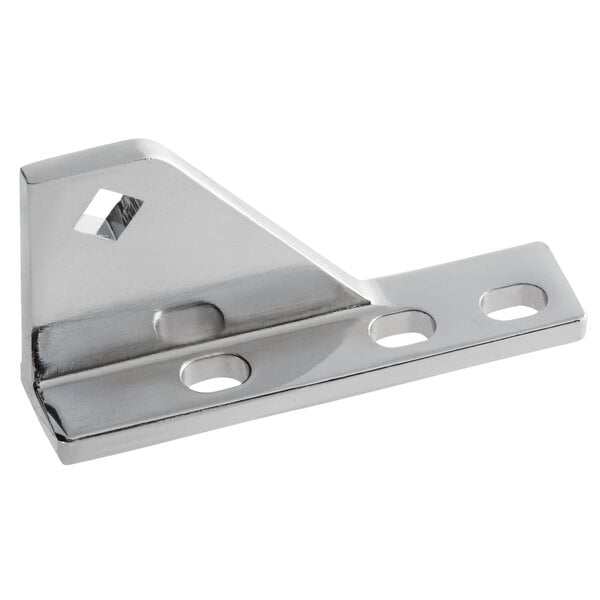 A close-up of a silver metal Avantco bottom left hinge bracket with holes.