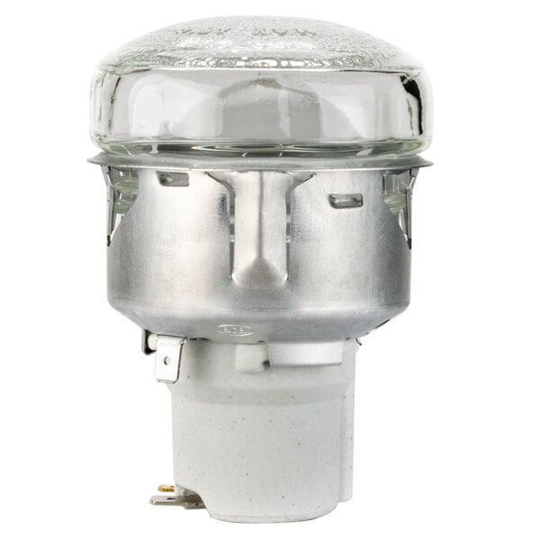 A close up of a Nemco oven lamp with a glass container and metal base.