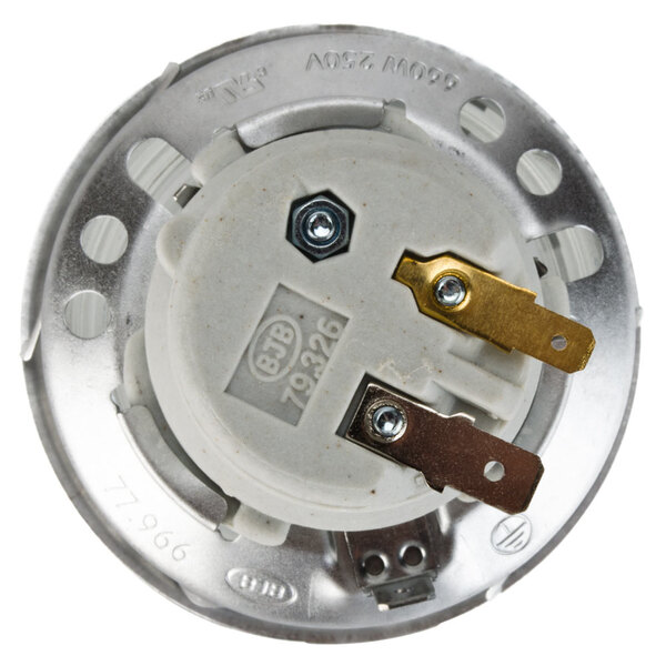 A round white Nemco oven lamp with metal parts and two wires.