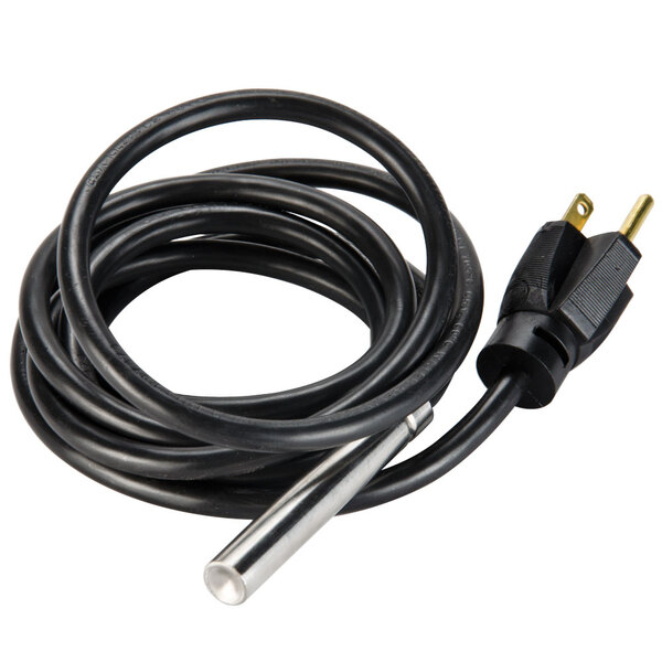 A black cable with a gold plug on the end.