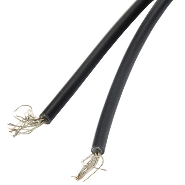A close-up of a black cable with silver wires connected to a bunch of silver wires.