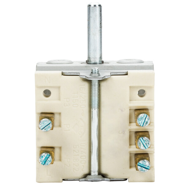 A white plastic Avantco selector switch with metal screws.