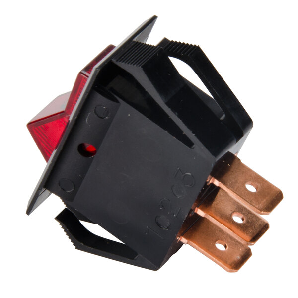 A close-up of a Nemco Rocker Switch with red and black copper wires.