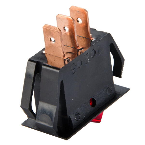 A black electrical switch with copper terminals.