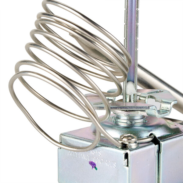 A close-up of a Nemco 200 - 400 degree thermostat for fryers, a metal mechanical device with a wire attached.