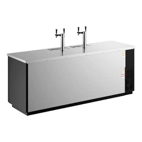 A large black and stainless steel double tap kegerator beer dispenser with capacity for five half kegs.