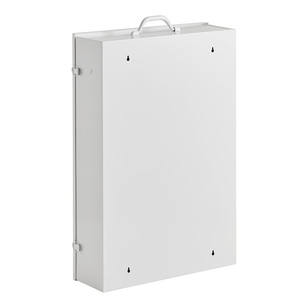 A white rectangular metal cabinet with a handle on top and four mounting holes on the front panel.