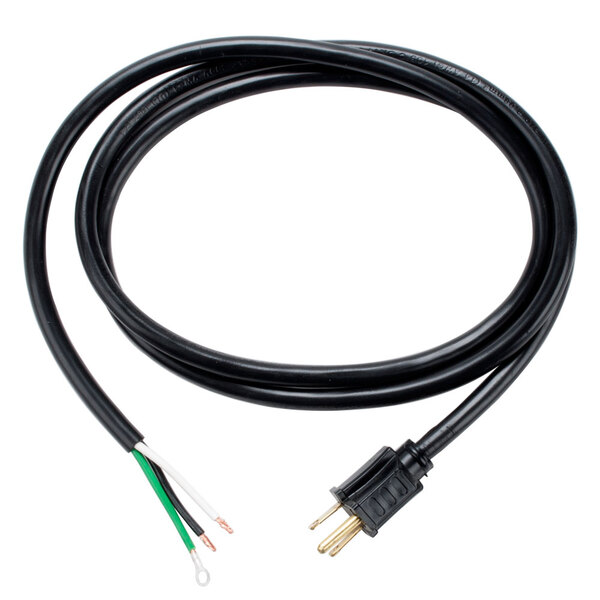 A black extension cord with a black, white, and green wire.