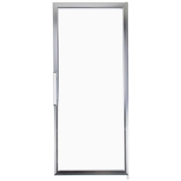 A white rectangular door with a silver frame.