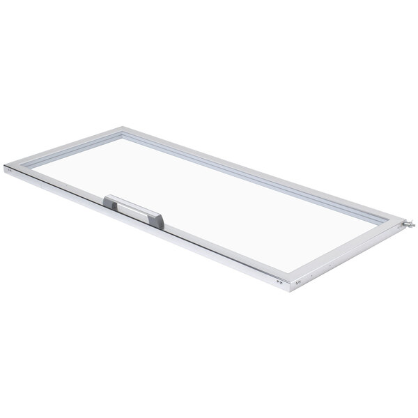 A white rectangular object with a metal frame and a handle.