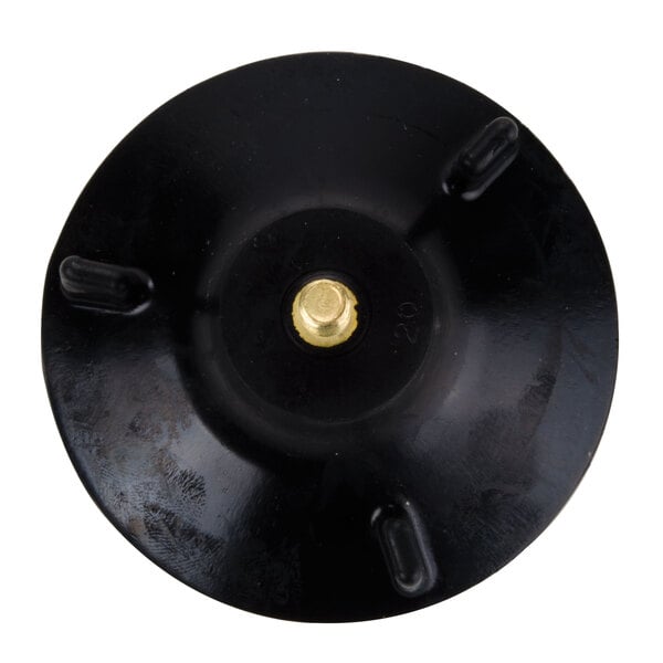A black round plastic disc with a gold metal bolt in the center.