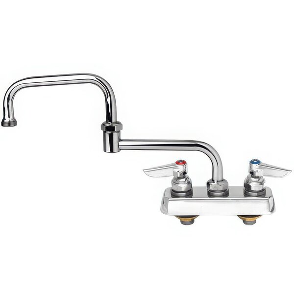 A chrome T&S deck-mounted faucet with two levers and a double jointed swing nozzle.