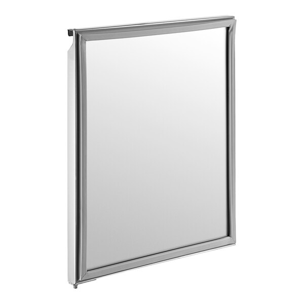 A white rectangular door with a silver frame.