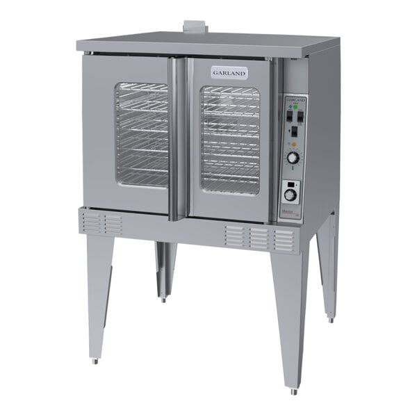 A stainless steel Garland electric convection oven with the door open.