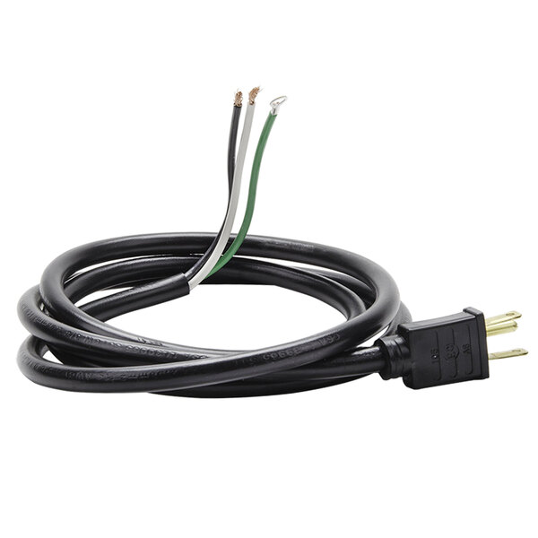 A black electrical cord with white and green wires.