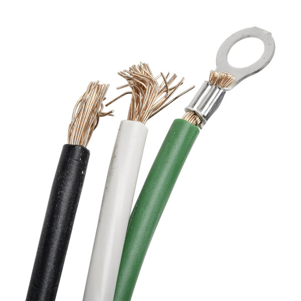 A close-up of a green, white, and metal electrical cable with a metal hook on the wires.