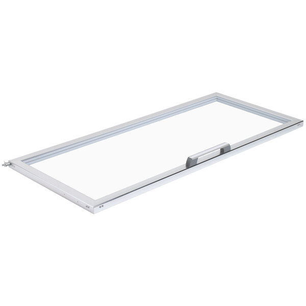 A white rectangular Avantco refrigerator door with a handle.